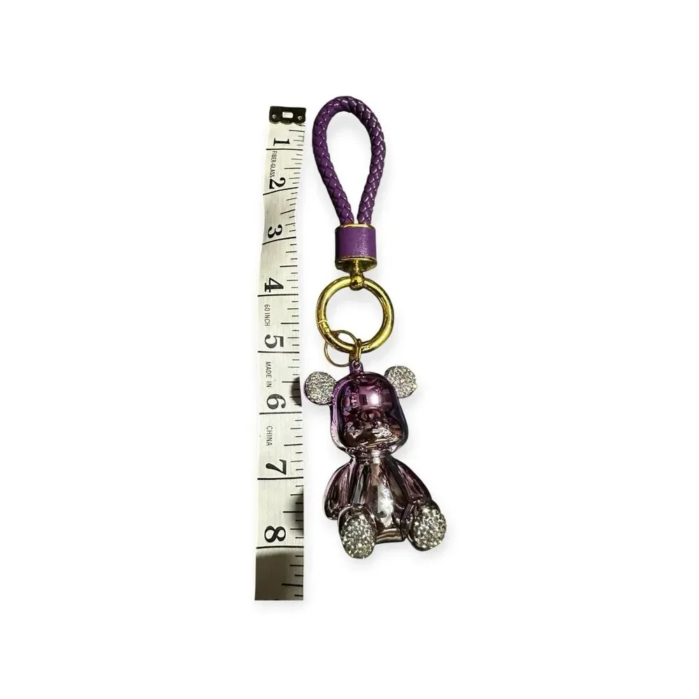 Teddy Bear Rhinestone Purple Bling Keychain Bag Charm, Wristlet